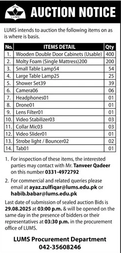 LUMS Lahore Tender Notice